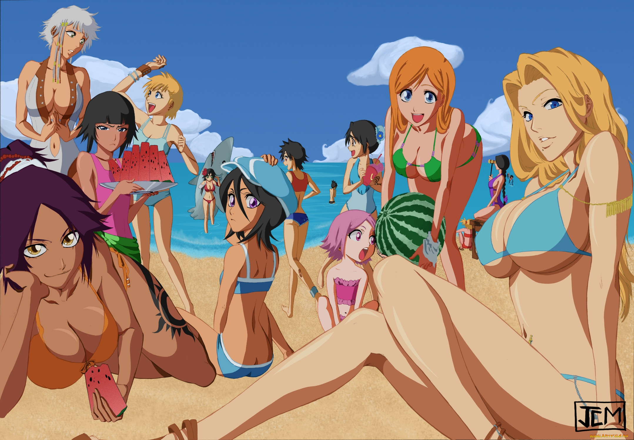 аниме, bleach, купальники, песок, арбуз, отдых, море, пляж, девушки.